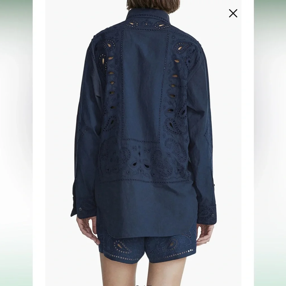 Rag & Bone Vivian Navy Paisley Embroidered Eyelet Button Down Shirt L - Picture 3 of 10